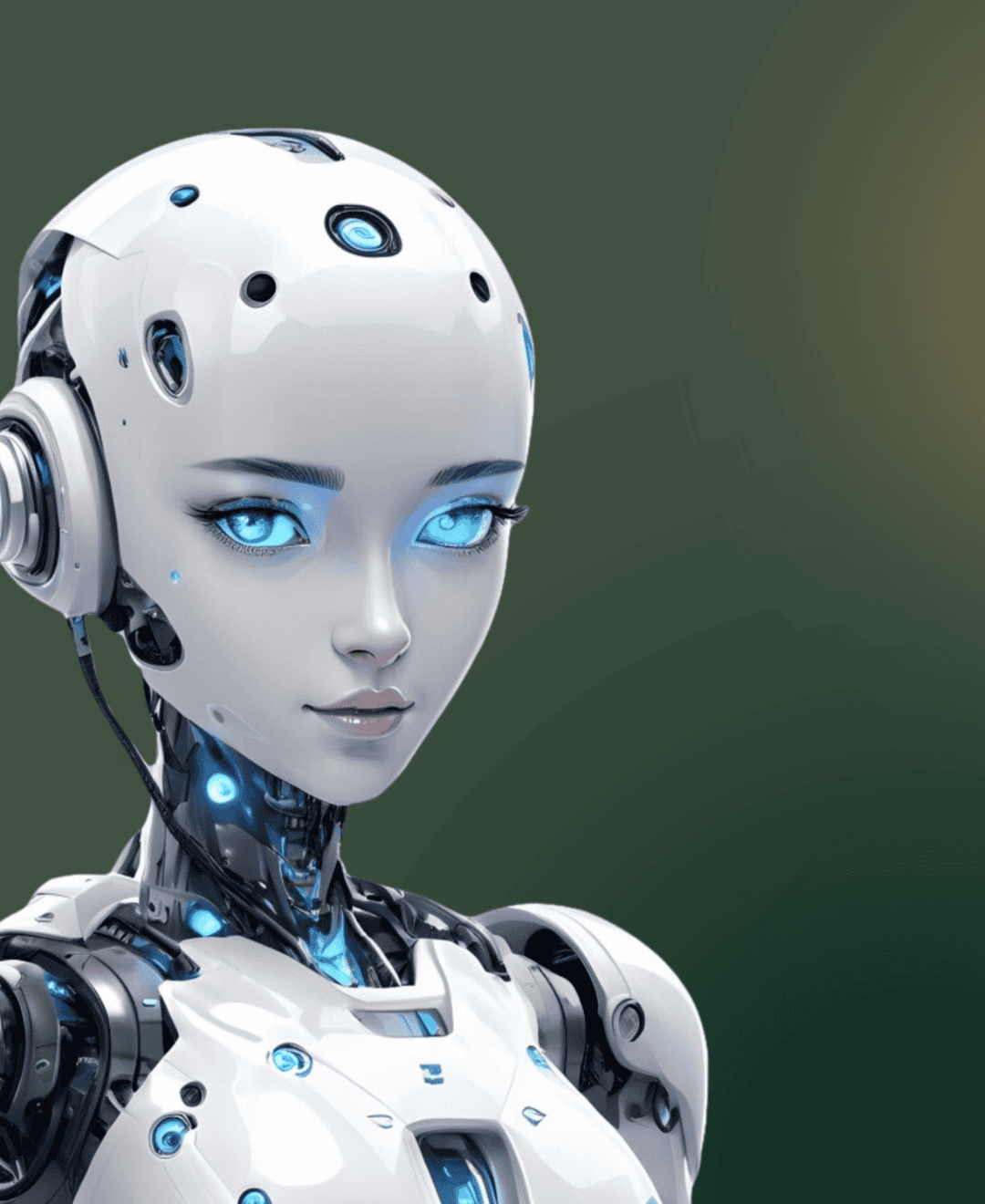 AI humanoid robot with a sleek design, glowing blue eyes, and advanced technological features, symbolizing the integration of AI in revenue leadership and strategic decision-making.