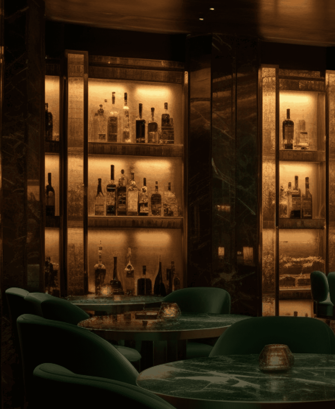 Warmly lit back bar with premium spirits displayed on illuminated shelves, green velvet lounge chairs, and marble-topped cocktail tables creating an intimate hospitality setting.